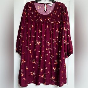 Croft & Barrow Burgundy Floral 3/4 Sleeve Smocked Tunic Size 2X